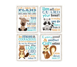 Woodland Christian Bible Verses Quotes Nursery Kids Room Unframed Wall Art Set of 4 Prints Home Decor - Moose, Raccoon, Beaver and Squirrel