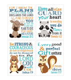 Woodland Christian Bible Verses Quotes Nursery Kids Room Unframed Wall Art Set of 4 Prints Home Decor - Moose, Raccoon, Beaver and Squirrel