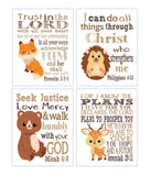 Woodland Christian Bible Verses Quotes Nursery Kids Room Unframed Hanging Wall Art Set of 4 Prints Home Decor - Fox, Bear, Deer and Hedgehog