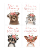 Woodland Christian Nursery Set of 4 Unframed Watercolor Prints, Bear, Fox, Hedgehog, and Raccoon with Bible Verses