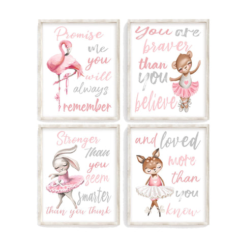 Ballerina Animals Nursery Decor Set of 4 Unframed Prints Promise Me You will Always Remember You are Loved - Flamingo, Bear Deer and Bunny