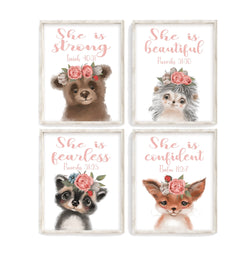 Woodland Christian Nursery Set of 4 Unframed Watercolor Prints, Bear, Fox, Hedgehog, and Raccoon with Bible Verses