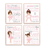 Brunette Ballerina Christian Nursery Decor Set of 4 Unframed Prints in Pink and Gray with Bible Verses
