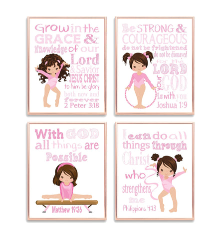 Pink Gymnastics Christian Nursery Set of 4 Unframed Prints with Bible Verses - Gymnast Little Girls Room Decor