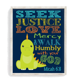 Stegosaurus Dinosaur Prehistoric Christian Nursery Decor Unframed Print - Seek Justice Love Mercy Walk Humbly With Your God - Micah 6:8