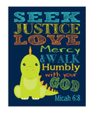 Stegosaurus Dinosaur Prehistoric Christian Nursery Decor Unframed Print - Seek Justice Love Mercy Walk Humbly With Your God - Micah 6:8