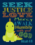Stegosaurus Dinosaur Prehistoric Christian Nursery Decor Unframed Print - Seek Justice Love Mercy Walk Humbly With Your God - Micah 6:8