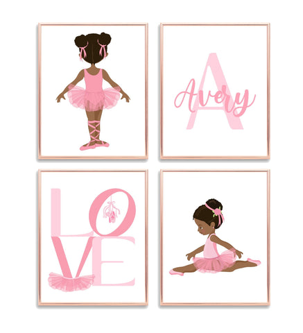 Custom African American Ballerina Love in Pink Personalized Monogram Nursery Decor Set of 4 Unframed Prints