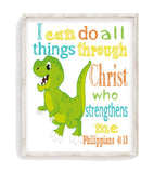 Tyrannosaurus Rex Dinosaur Christian Nursery Decor Unframed Print - I Can Do All Things Through Christ Who Strengthens Me - Philippians 4:13