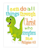 Tyrannosaurus Rex Dinosaur Christian Nursery Decor Unframed Print - I Can Do All Things Through Christ Who Strengthens Me - Philippians 4:13