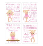 Pink Gymnastics Christian Nursery Set of 4 Unframed Prints with Bible Verses - Blonde Gymnast Little Girls Room Decor