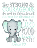 Watercolor Elephant Baby Mint and Gray Christian Nursery Decor Unframed Print - Be Strong and Courageous Joshua 1:9