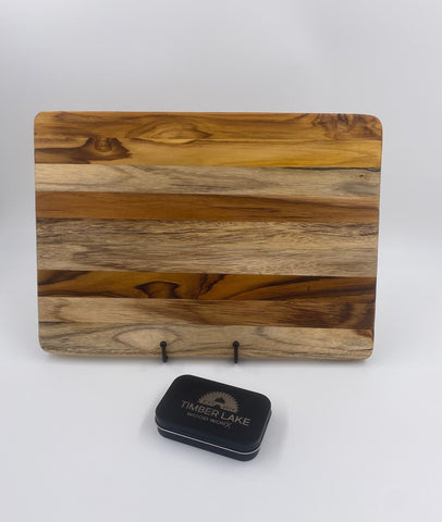 Large Teak Edge Grain Cutting Board with Feet - Great as a Wedding Gift or Realtor / Mortgage Closing Gift - Includes Board Butter and Stand