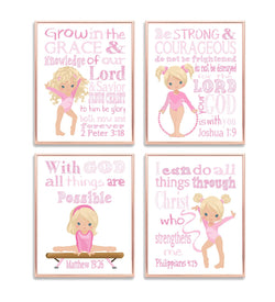Pink Gymnastics Christian Nursery Set of 4 Unframed Prints with Bible Verses - Blonde Gymnast Little Girls Room Decor