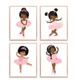 African American Ballerina Nursery Kids Room Unframed Hanging Wall Art Set of 4 Prints Home Decor in Pink