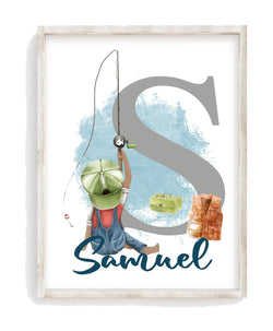 African American Personalized Watercolor Little Boy Fishing with Dog Nursery or Little Boys Room Print, Rustic Outdoor Nautical Themed Decor