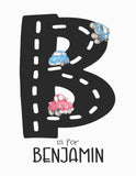 Cars Transport Watercolor Personalized Name Initial Monogram Road Letter, Custom Nursery Decor Wall Art Unframed Print