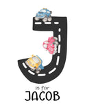 Cars Transport Watercolor Personalized Name Initial Monogram Road Letter, Custom Nursery Decor Wall Art Unframed Print