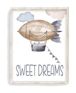 Sweet Dreams Watercolor Airship Blimp Aviation Airplane Nursery Boys Room Decor Unframed Print