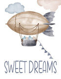 Sweet Dreams Watercolor Airship Blimp Aviation Airplane Nursery Boys Room Decor Unframed Print