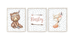 Watercolor Woodland Forest Tribal Animal Nursery Personalized Set of 3 Unframed Prints with Fox and Bear