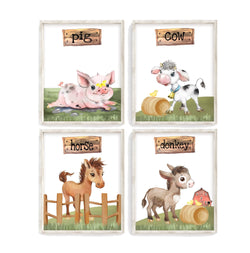 Farm Animal Nursery Little Boys Room Decor Set of 4 Unframed Prints - Cow, Pig, Horse and Donkey