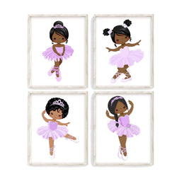 African American Ballerina Nursery Kids Room Unframed Hanging Wall Art Set of 4 Prints Home Decor in Purple