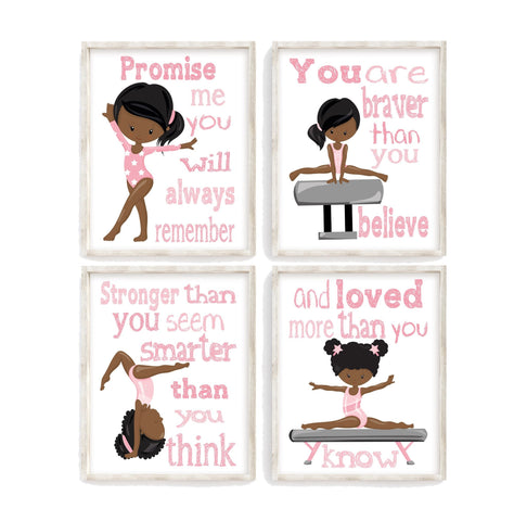 African American Gymnast Nursery Decor Set of 4 Unframed Prints Prints You Are Braver, Stronger, Smarter and Loved in Pink