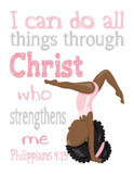 African American Pink Gymnastics Christian Childrens Nursery Decor Set of 4 Unframed Prints with Bible Verses