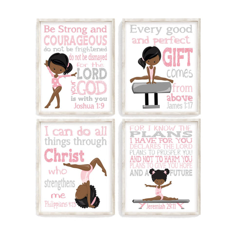 African American Pink Gymnastics Christian Childrens Nursery Decor Set of 4 Unframed Prints with Bible Verses