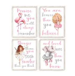 Ballerina Animals Nursery Decor Set of 4 Unframed Prints Prints You Are Braver, Stronger, Smarter and Loved - Flamingo and Elephant