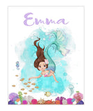 Personalized Name Watercolor Mermaid Under the Sea Nursery Unframed Print