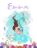 Personalized Name Watercolor Mermaid Under the Sea Nursery Unframed Print