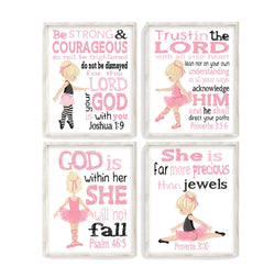 Ballerinas in Pink Christian Bible Verses Quotes Nursery Kids Little Girls Room Unframed Hanging Wall Art Set of 4 Prints