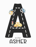 Cars Transport Watercolor Personalized Name Initial Monogram Road Letter, Custom Nursery Decor Wall Art Unframed Print