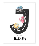 Cars Transport Watercolor Personalized Name Initial Monogram Road Letter, Custom Nursery Decor Wall Art Unframed Print