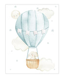 Elephant in Teal Hot Air Balloon with Stars and Moon Watercolor Nursery Decor Unframed Print