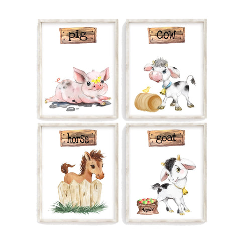 Farm Animal Nursery Little Boys Room Decor Set of 4 Unframed Prints - Cow, Pig, Horse and Goat