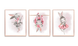 Ballerina Bunny Rabbit in Pink and Gray Ballet Nursery Decor Set of 3 Unframed Prints