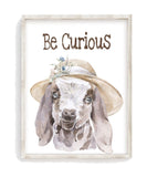 Goat with Hat Farm Animal Watercolor Rustic Nursery Decor Unframed Print, Be Curious