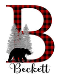 Personalized Woodland Bear Buffalo Plaid Baby Boy Nursery Decor Wall Art Print - Baby Name Letter Initial Monogram Rustic Outdoor Theme