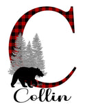 Personalized Woodland Bear Buffalo Plaid Baby Boy Nursery Decor Wall Art Print - Baby Name Letter Initial Monogram Rustic Outdoor Theme