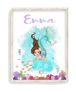 Personalized Name Watercolor Mermaid Under the Sea Nursery Unframed Print
