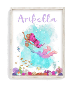 African American Personalized Name Watercolor Mermaid Under the Sea Nursery Unframed Print