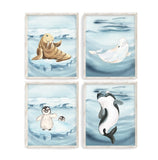 Watercolor Arctic Polar Animals Nursery Decor Set of 4 Unframed Prints, Walrus, Penguin, Orca, Beluga Whale