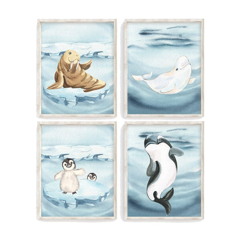 Watercolor Arctic Polar Animals Nursery Decor Set of 4 Unframed Prints, Walrus, Penguin, Orca, Beluga Whale