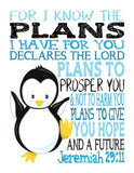 Penguin Arctic Animal Christian Nursery Decor Unframed Print - For I Know The Plans I Have For You - Jeremiah 29:11