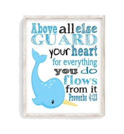 Narwahl Arctic Animals Christian Bible Verses Quotes Nursery Kids Room Unframed Print - Above All Else Guard Your Heart - Proverbs 4:23