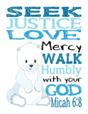 Polar Bear Arctic Animal Christian Bible Verse Nursery Decor Unframed Print - Seek Justice Love Mercy Walk Humbly With Your God - Micah 6:8