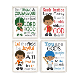 African American Sports Christian Bible Verses Nursery Little Boys Room Set of 4 Unframed Prints - Football, Baseball, Soccer and Basketball